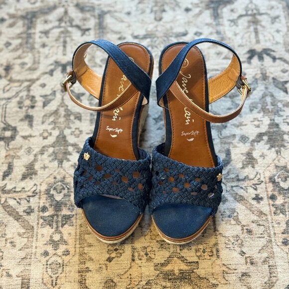 Jane Klain Wedge Sandals Women's Size 6.5 US  Blue Tan Espadrille - Picture 2 of 9